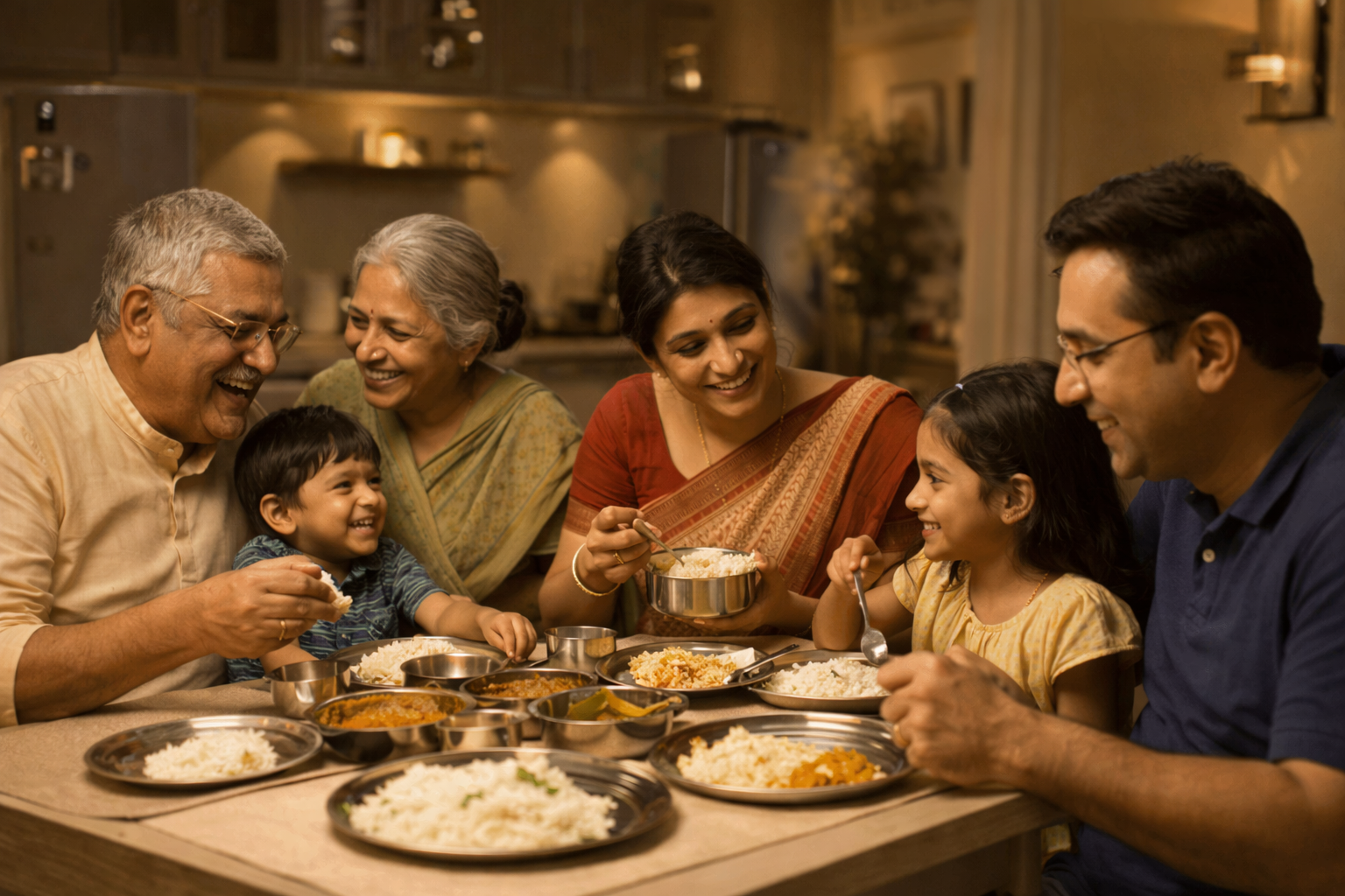 Family enjoying rice meal together